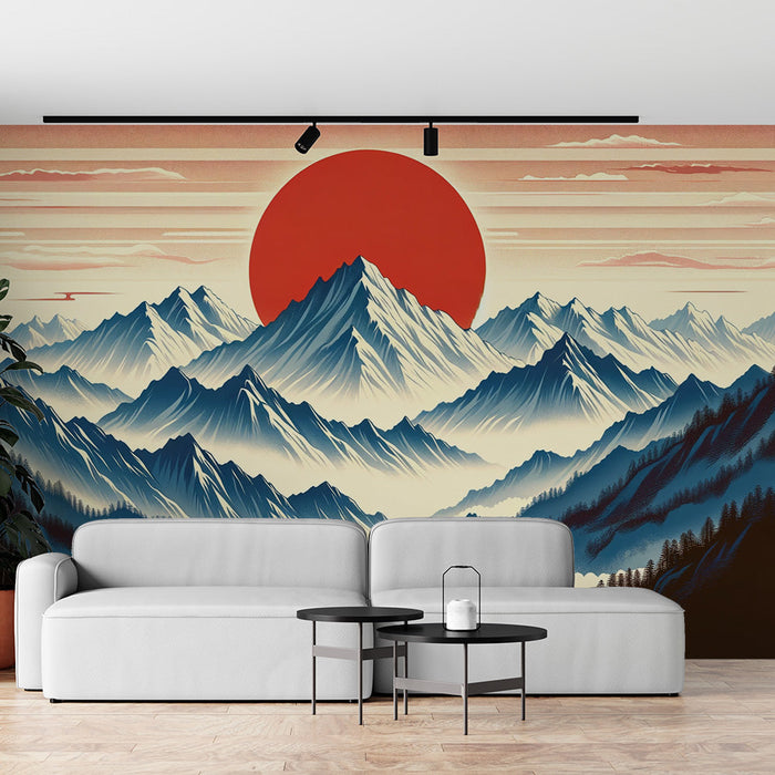 Japanilainen Mural Wallpaper | Vuorilla ja punaisella auringolla