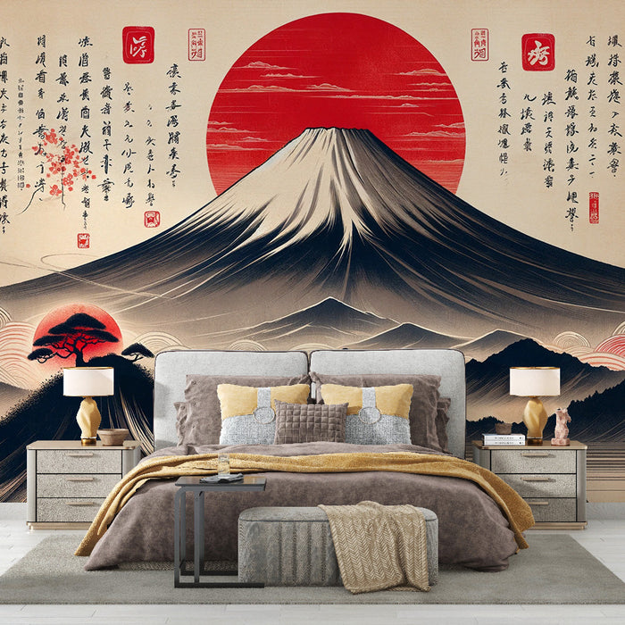 Japanilainen seinätapetti | Fujin vuori ja japanilainen kirjoitus