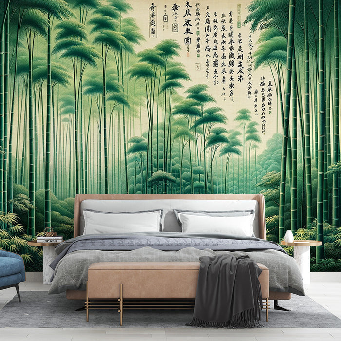 Papel pintado japonés | Bosque de bambú y escritura japonesa