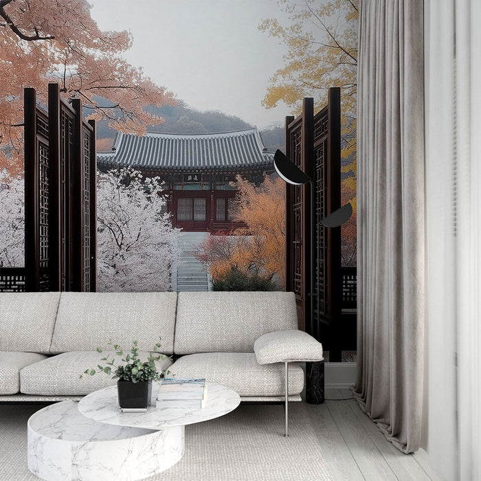 Tapete Herbstgarten | Panoramablick auf einen traditionellen Garten mit buntem Laub