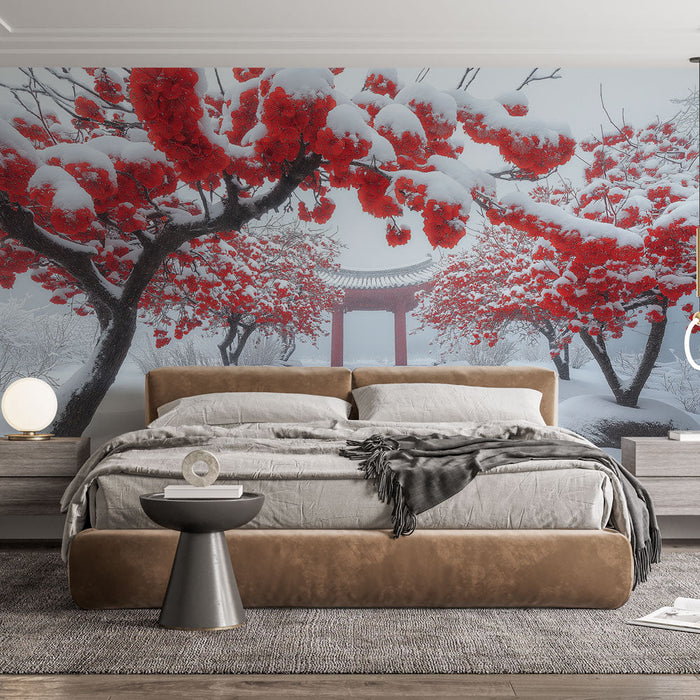 Tapetti talvipuutarha | Puut koristeltu punaisilla kukilla lumen alla