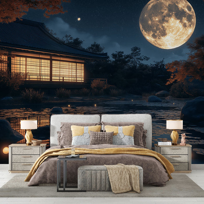 Tapeta japanski-vrt | Noćni krajolik s mjesecom i osvjetljenjem