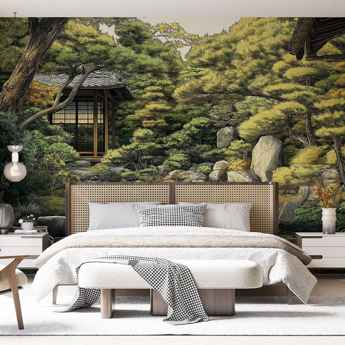 Papel de parede Jardim Japonês | Paisagem Serena com Lago e Vegetação Exuberante