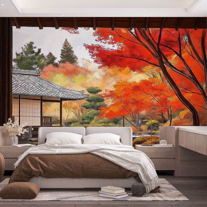Tapeta japonska-zahrada | Podzimní scéna s červenými javory a tradiční architekturou