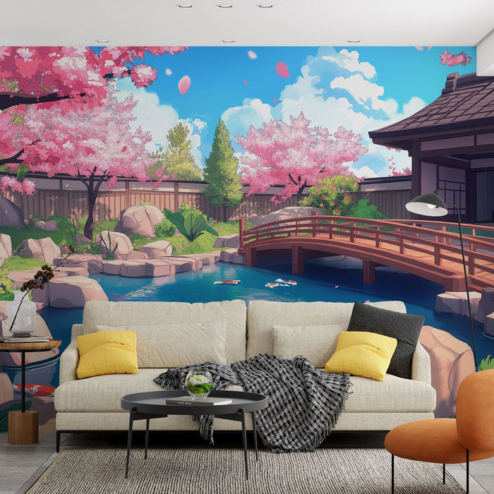 Tapet Japansk Have | En fredelig have med en dam og kirsebærblomster