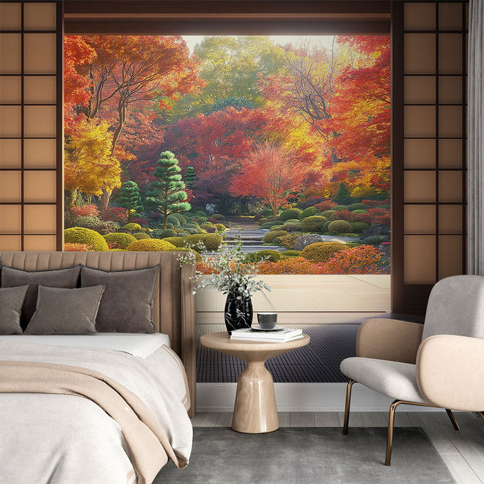 Tapete Japanischer Garten | Ruhiger Blick auf einen Garten im Herbst