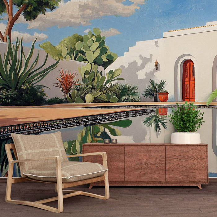 Mural Wallpaper Mediterranean Garden | Bright garden scene with succulent plants and red doors