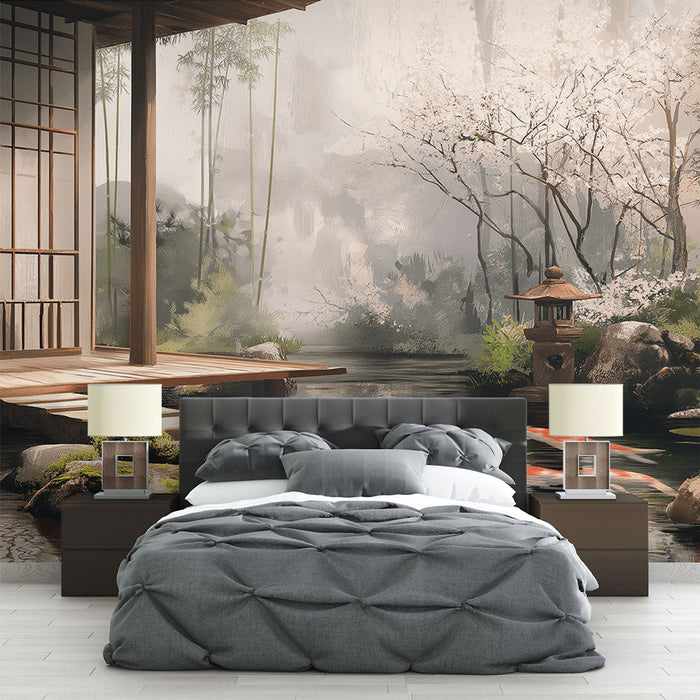 Tapeta zenová zahrada | Poklidná atmosféra s rybníkem a třešňovými květy