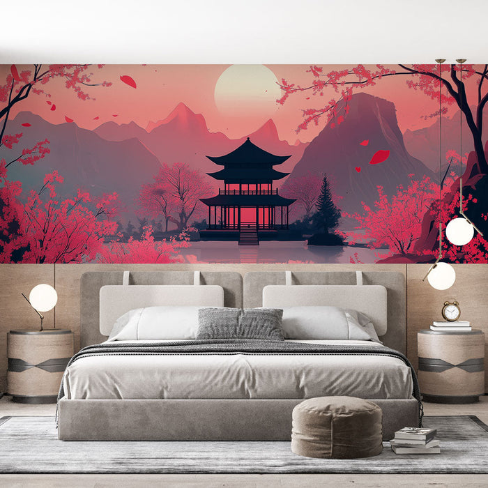 Tapet zen have | Pagode omgivet af kirsebærblomster og bjerge