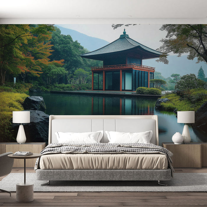 Фототапет дзен градина | Традиционен павилион край водата в спокойна обстановка