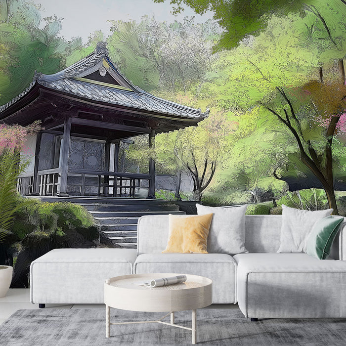 Mural Wallpaper zen garden | Traditional pavilion surrounded by greenery