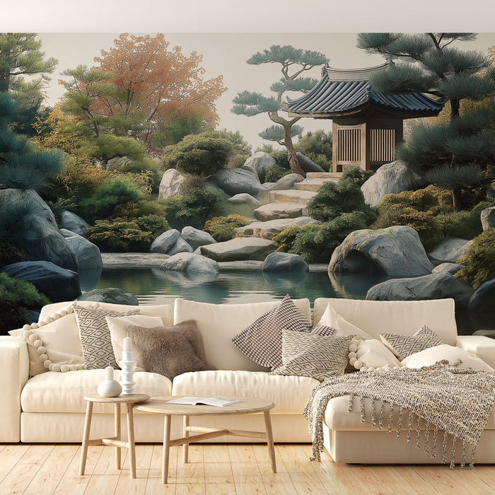 Seinamaalingu tapeet zen-aed | Rahulik maastik tiigi ja paviljoniga
