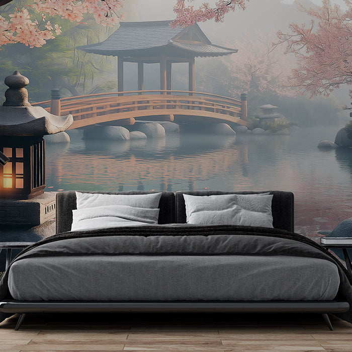 Tapet zen have | Fredelig scene med kirsebærblomster og træbro