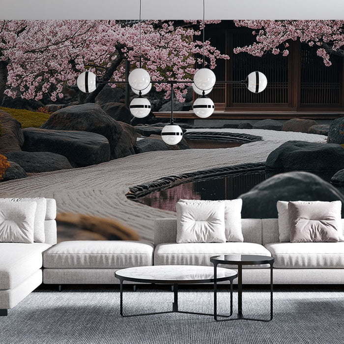 Fototapet zen garden | Sti omgivet af kirsebærblomster og klipper