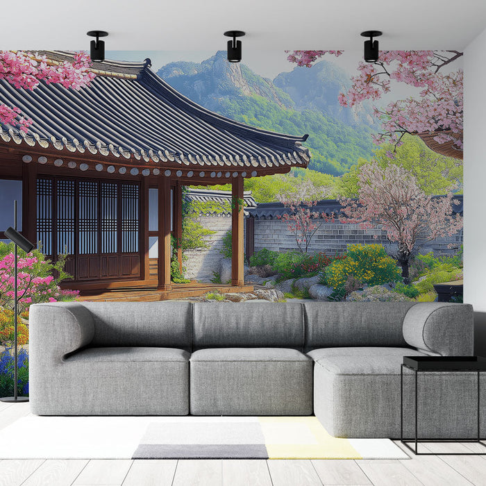 Tapetti zen-puutarha | Rauhoittava japanilainen maisema kukkien ja vuorten kanssa