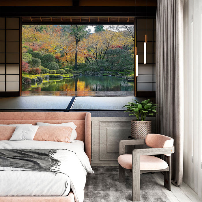 Falfestmény zen kert | Megnyugtató kilátás a természetre őszi színekkel
