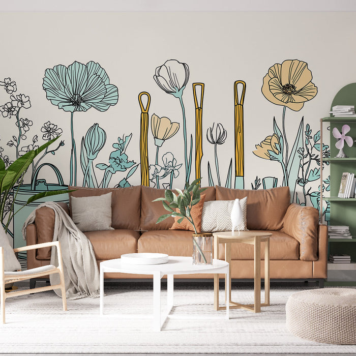 Tapeta ogrodnicza | Narzędzia ogrodnicze otoczone delikatnymi kwiatami