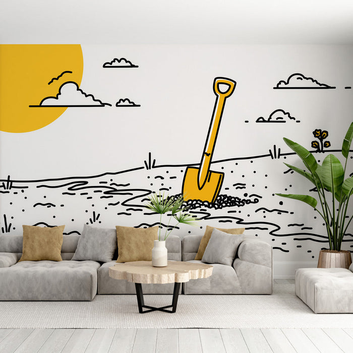 Tapetti puutarhanhoito | Keltainen lapio aurinkoisella maalla pilvien kanssa
