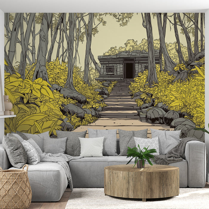 Tapeta džungle | Cesta ke chrámu obklopené zlatou vegetací