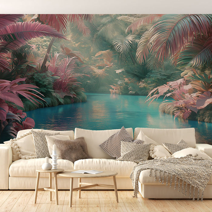 Tapeta umirujuća džungla | Tirkizna rijeka i bujno lišće