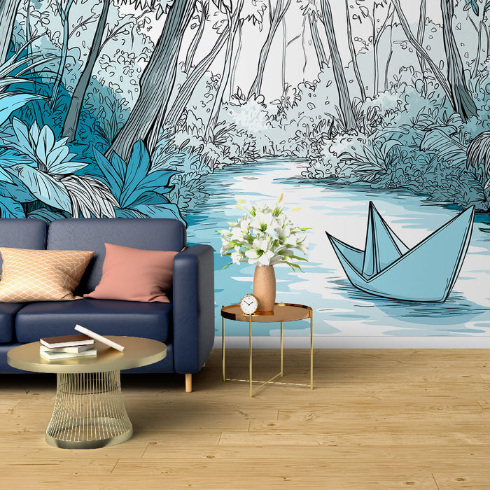 Fototapet su tropik ormanı | Nehir ve yeşilliklerle huzurlu manzara