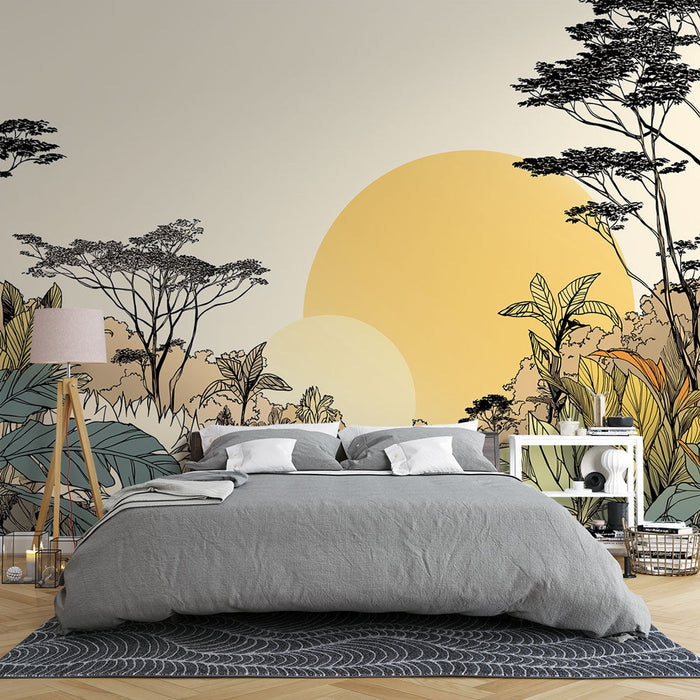 Tapeta džungle při západu slunce | Bohatá vegetace se zlatým sluncem
