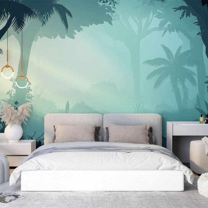 Tapet junglă cețoasă | Peisaj tropical liniștitor cu vegetație luxuriantă