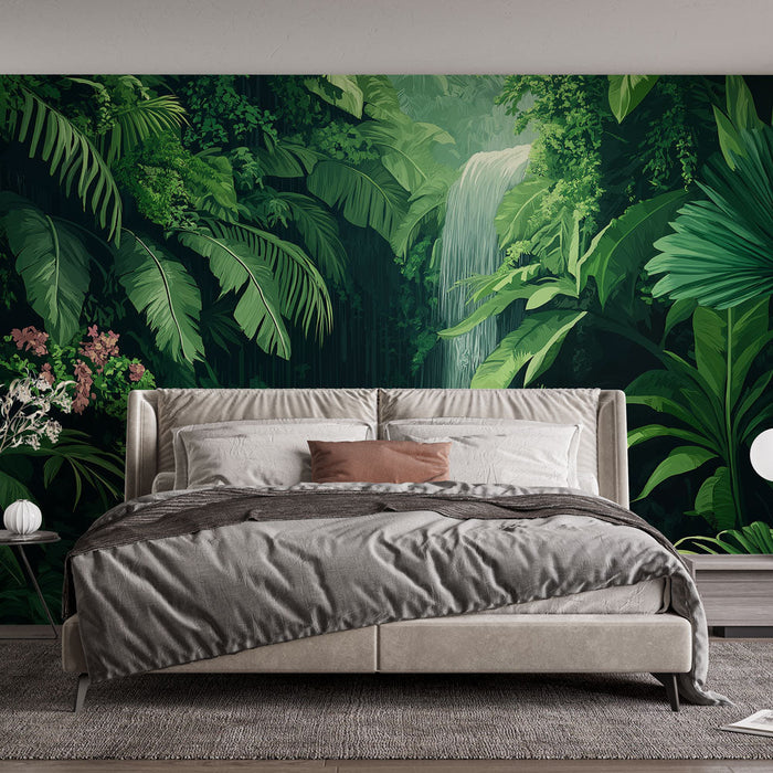 Tapet jungle | Cascade și frunziș luxuriant în verde smarald