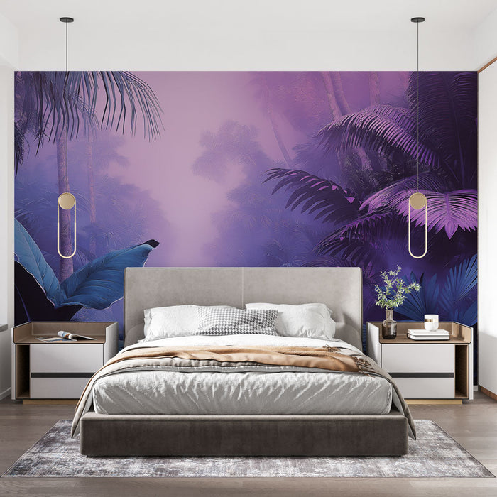 Fototapet jungel fargerik | Tropiske blader i lilla og blå nyanser
