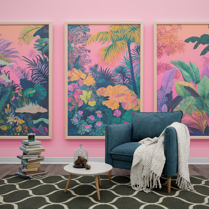 Tapete джунгла в цветове | Живописни модели на листва върху розов фон