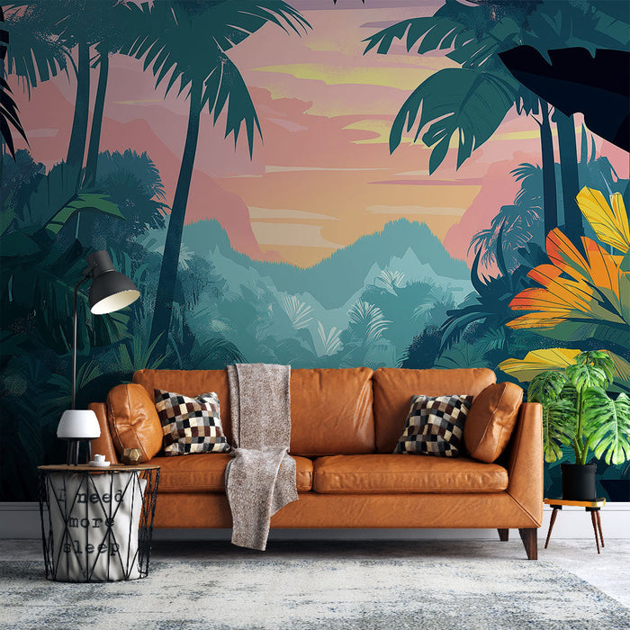 Carta da parati giungla colorata | Fiume magico circondato da fogliame rigoglioso