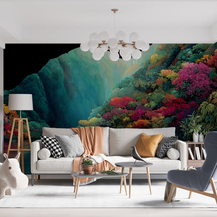Tapete Dschungel bunt | Eine Landschaft aus Blumen und üppigem Laubwerk