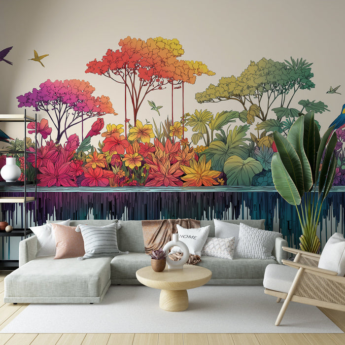 Colorful jungle mural wallpaper | A lush tropical landscape with birds