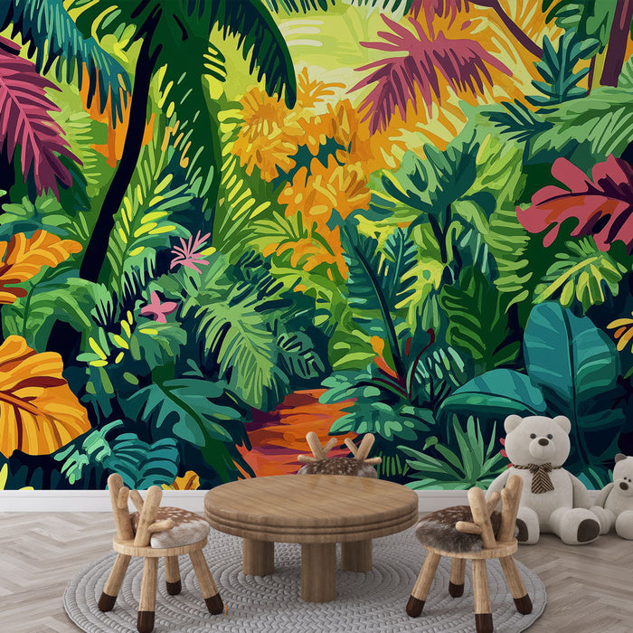 Papel pintado jungla colorida | Una vibrante ilustración de follaje tropical