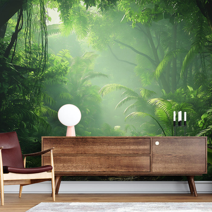 Fototapet jungle | Frodig tropisk dekor med løvverk og mykt lys
