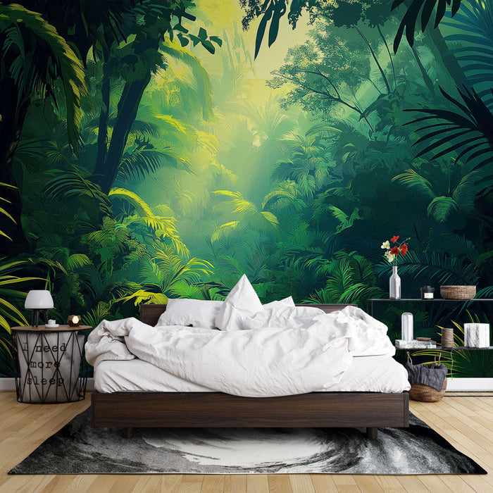 Mural Wallpaper jungle | Dense tropical foliage with soft light
