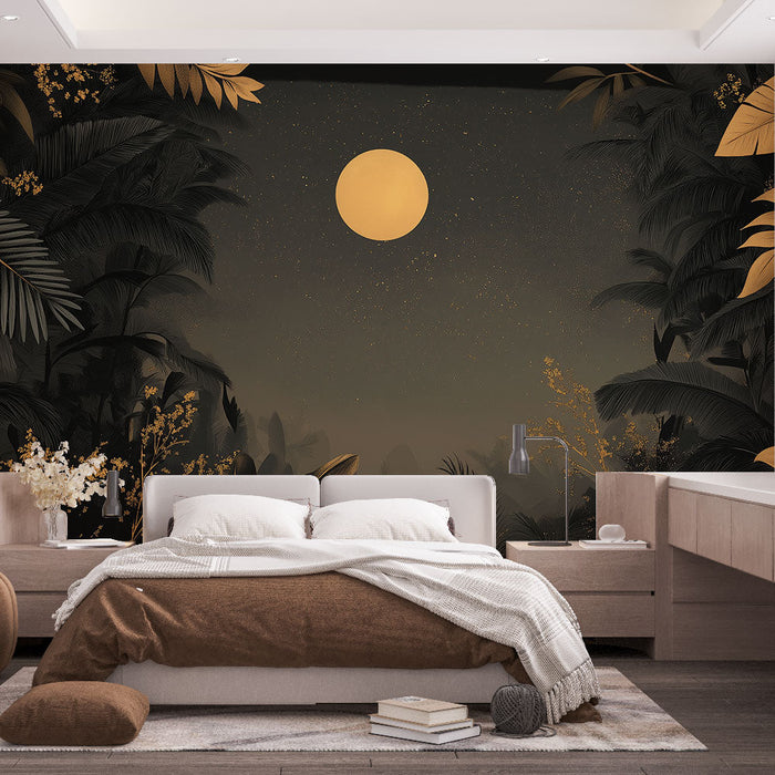 Muraaltapeet kuldne džungel | Lopsakas lehestik heleda kuu all