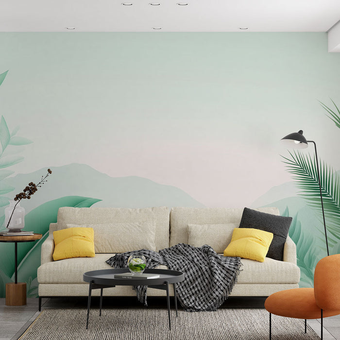 Foto Behang gentle jungle | Delicate groene bladeren op pastel achtergrond