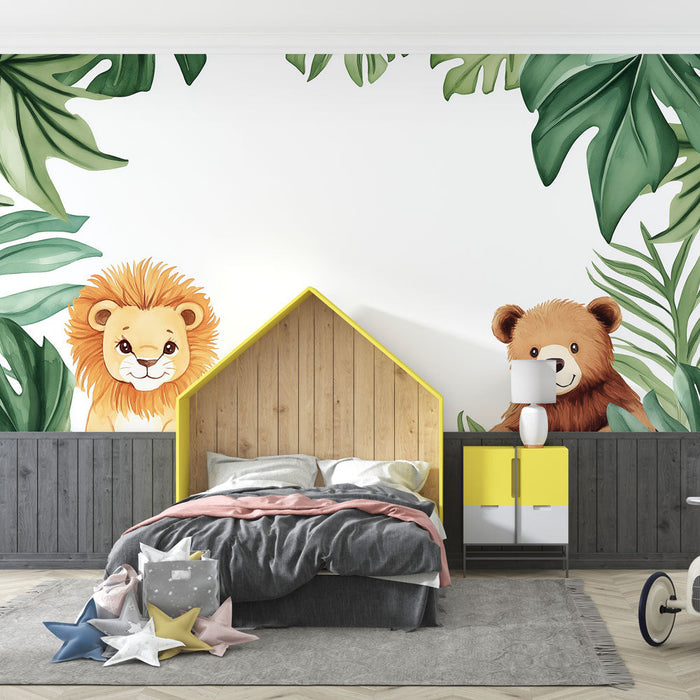 Carta da parati giungla infantile | Animali carini tra il fogliame tropicale