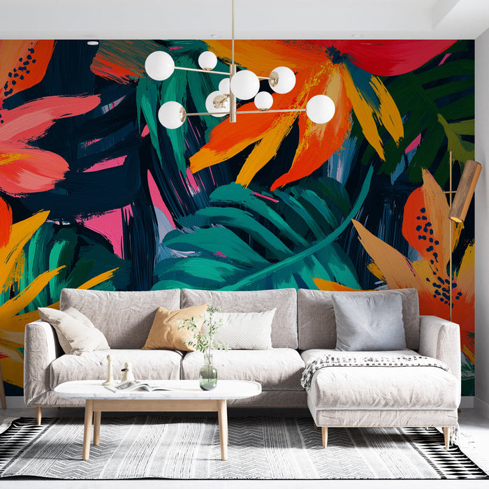 Tapet junglă și flori | Flori și frunze de palmier