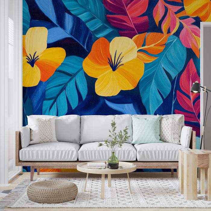 Tapetti viidakko ja kukat | Oranssit ja vaaleanpunaiset kukat