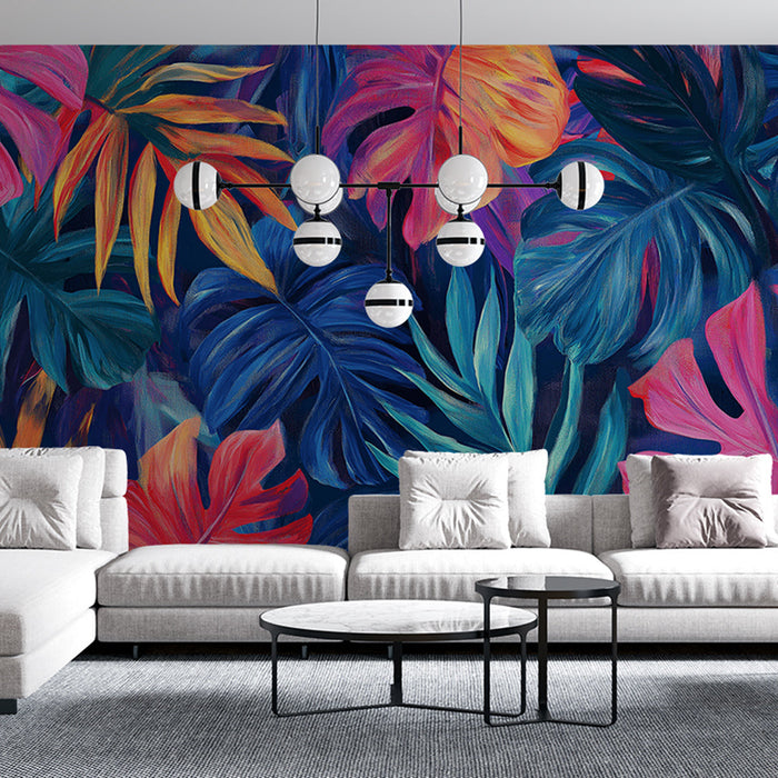 Mural Wallpaper jungle and flowers | Monsteras in oil painting