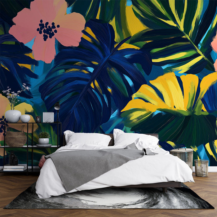 Tapetti viidakko ja kukat | Tropiikki ja korallinpunaiset kukat