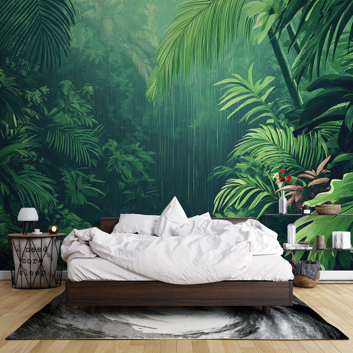 Fototapet jungle | Frodig utstrekning av tropisk løvverk under regnet