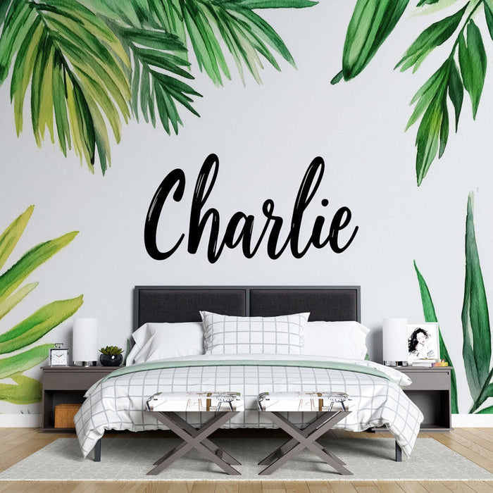 Tapet junglă | Frunze tropicale în jurul numelui Charlie