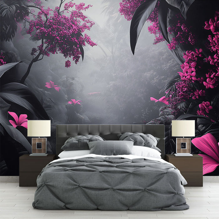 Carta da parati giungla floreale | Fiori rosa vibranti su sfondo scuro