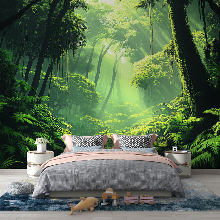 Fototapet jungle | Luksuriøs skov med blødt lys og vandrefleksion