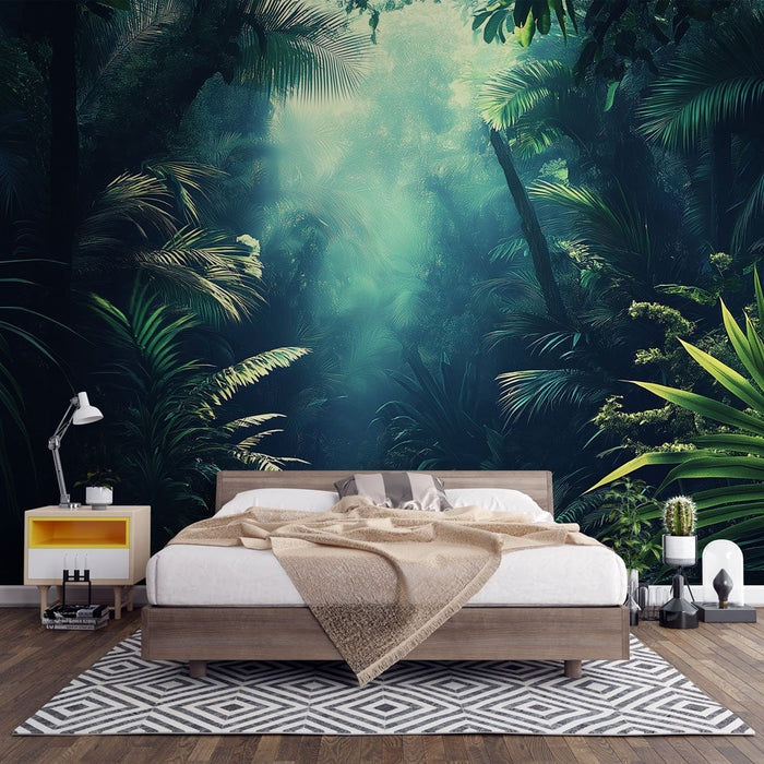 Fototapet orman | Gizemli ışıklarla yoğun tropikal orman