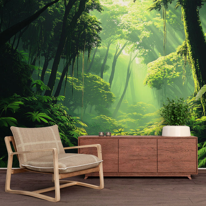 Tapeta jungle | Bujny tropikalny las z filtrowanym światłem