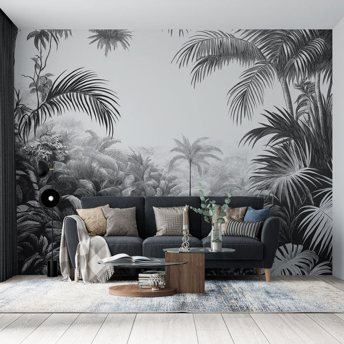 Carta da parati giungla monocromatica | Illustrazione artistica di una vegetazione lussureggiante in bianco e nero